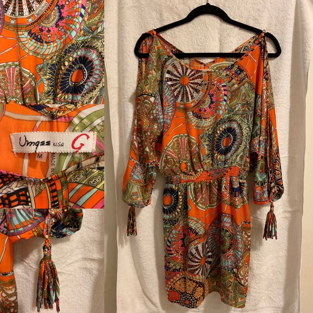Gorgeous orange/multi, silky, cold-shoulder dress